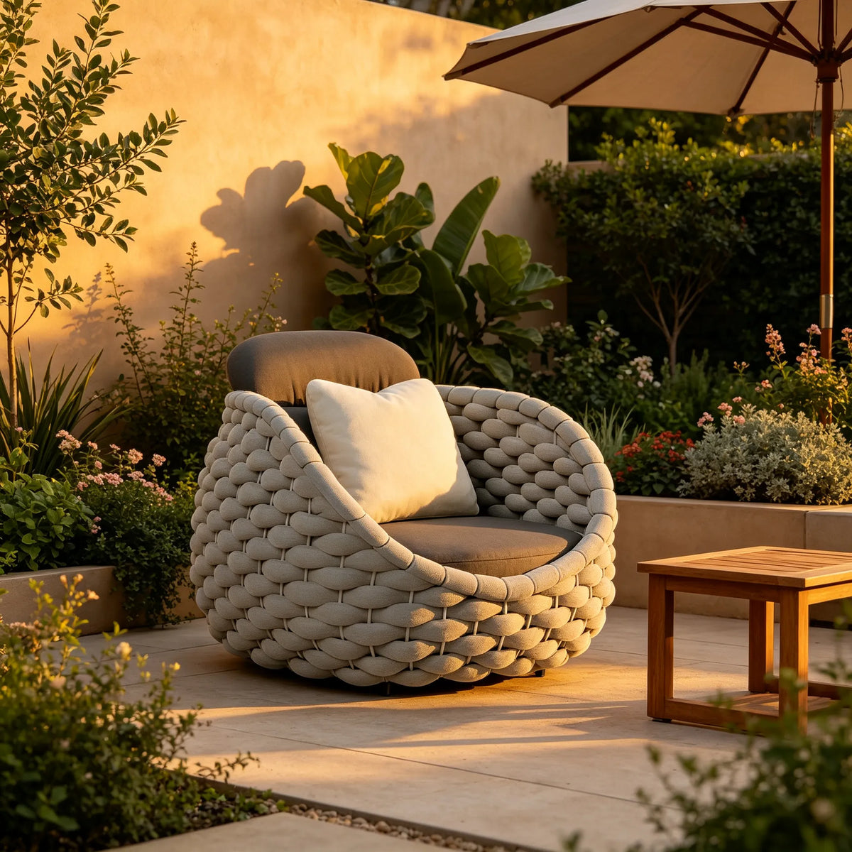 SOLARA Modern Outdoor Lounge Chair Hand-Woven Thick Rope 2.0mm Aluminium Frame for Patio Balcony Garden - Grey