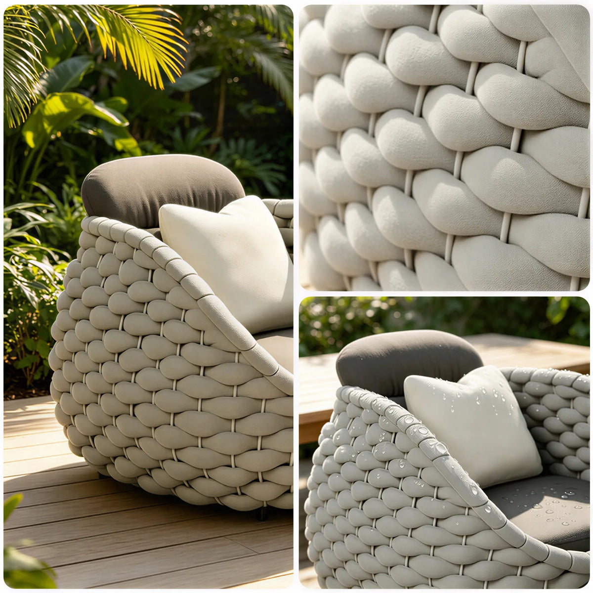 SOLARA Modern Outdoor Lounge Chair Hand-Woven Thick Rope 2.0mm Aluminium Frame for Patio Balcony Garden - Grey