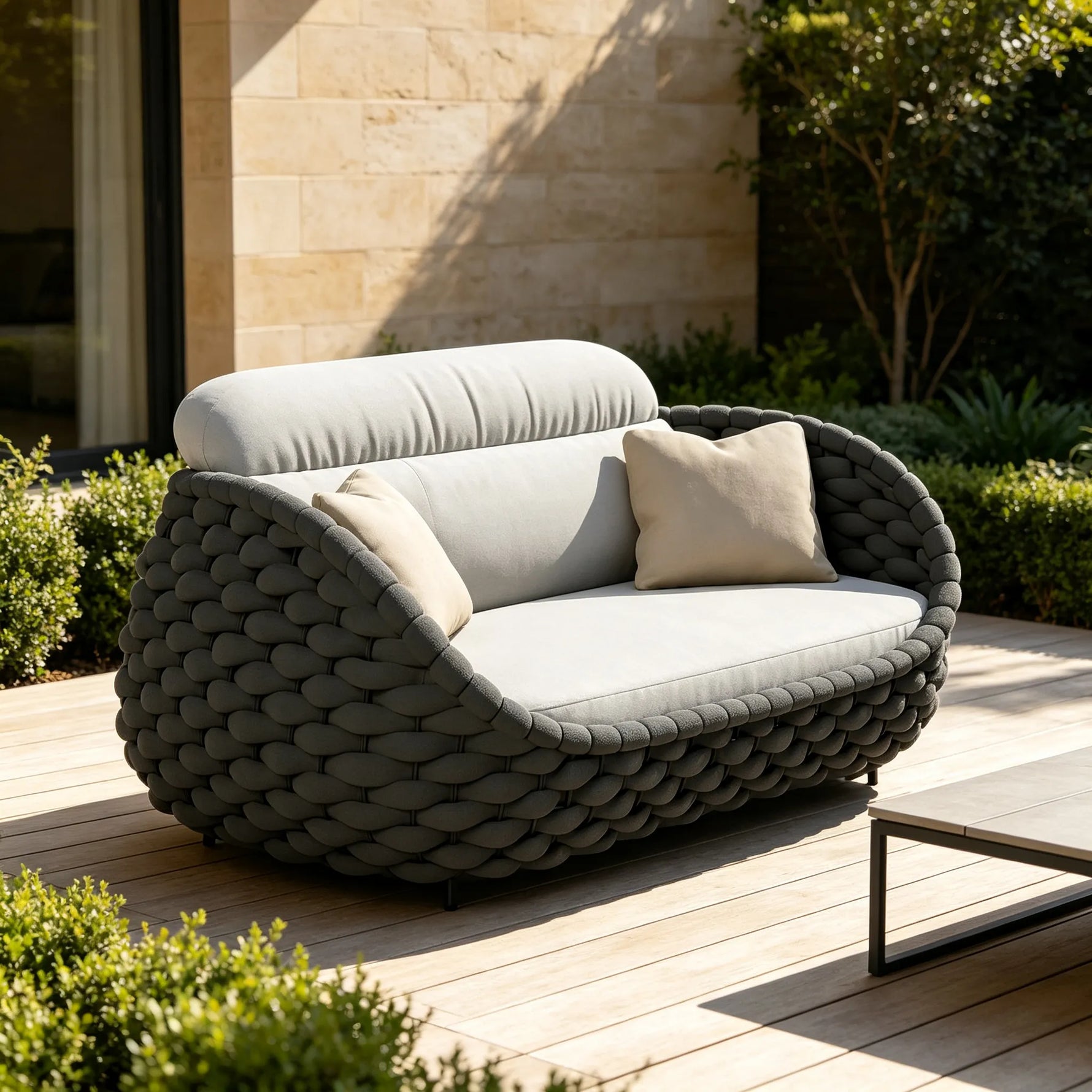 SOLARA Modern Outdoor 2-Seater Sofa Hand-Woven Thick Rope 2.0mm Aluminium Frame for Patio Balcony Garden - Dark Grey