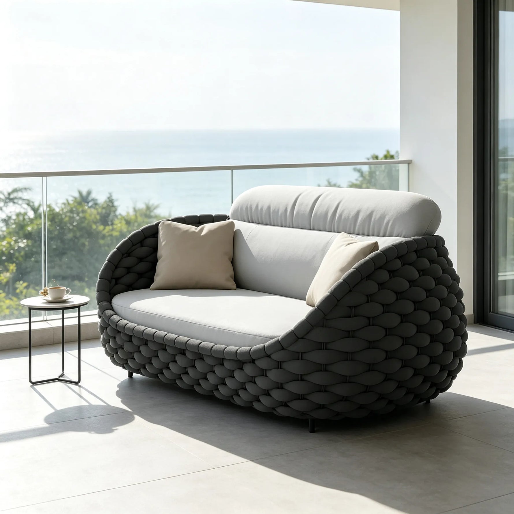 SOLARA Modern Outdoor 2-Seater Sofa Hand-Woven Thick Rope 2.0mm Aluminium Frame for Patio Balcony Garden - Dark Grey