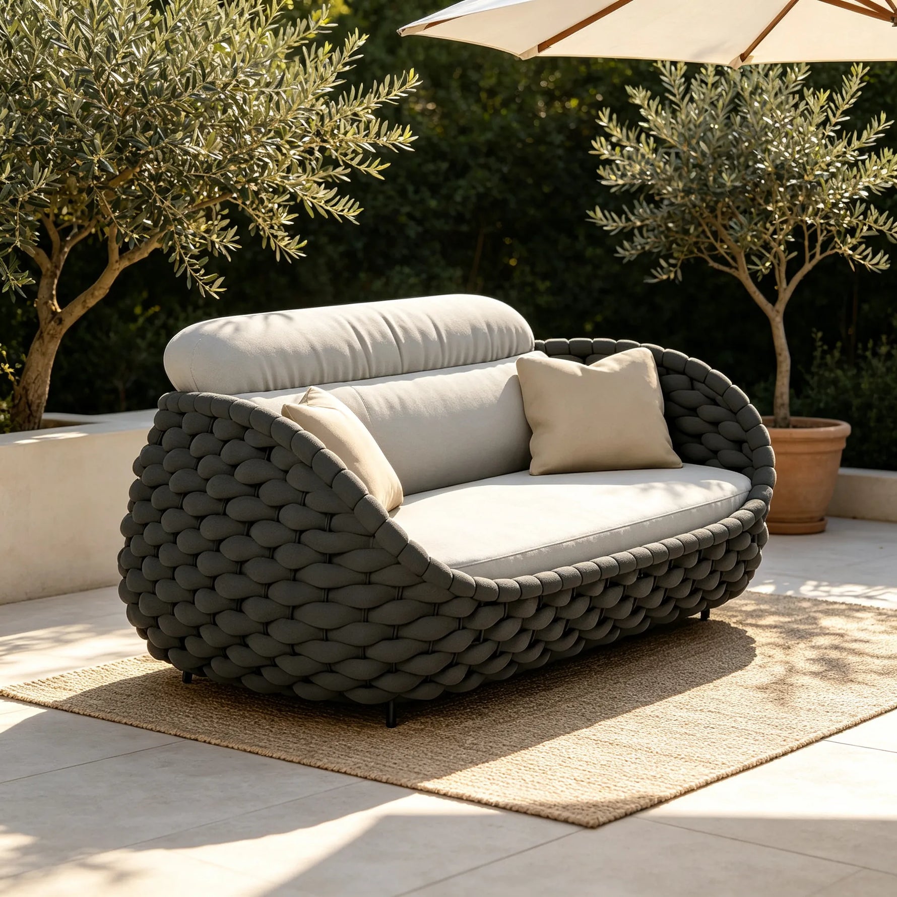 SOLARA Modern Outdoor 2-Seater Sofa Hand-Woven Thick Rope 2.0mm Aluminium Frame for Patio Balcony Garden - Dark Grey