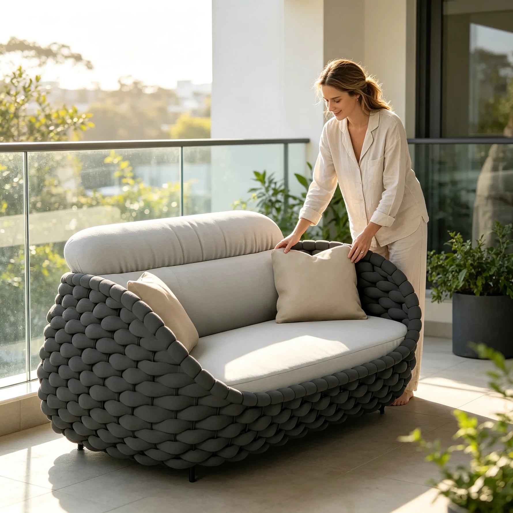SOLARA Modern Outdoor 2-Seater Sofa Hand-Woven Thick Rope 2.0mm Aluminium Frame for Patio Balcony Garden - Dark Grey
