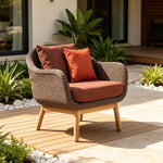 SOLARA Nordic Outdoor Lounge Chair Hand-Woven Rattan Teak Frame Waterproof Cushions for Patio Balcony Garden - Terracotta