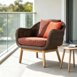 SOLARA Nordic Outdoor Lounge Chair Hand-Woven Rattan Teak Frame Waterproof Cushions for Patio Balcony Garden - Terracotta