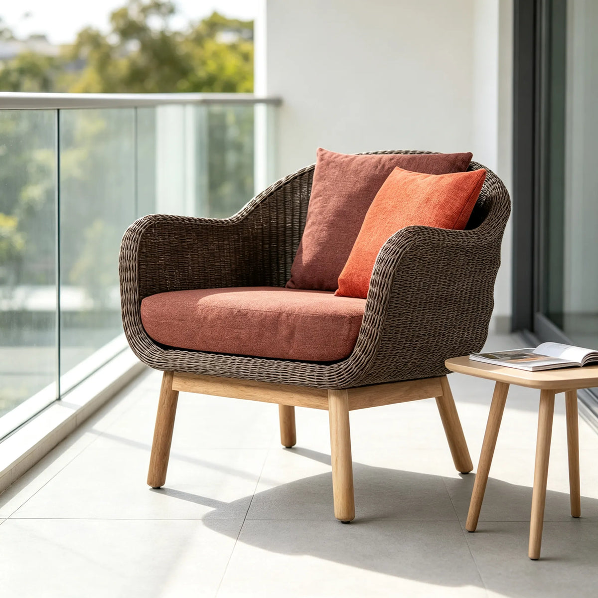 SOLARA Nordic Outdoor Lounge Chair Hand-Woven Rattan Teak Frame Waterproof Cushions for Patio Balcony Garden - Terracotta