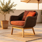 SOLARA Nordic Outdoor Lounge Chair Hand-Woven Rattan Teak Frame Waterproof Cushions for Patio Balcony Garden - Terracotta