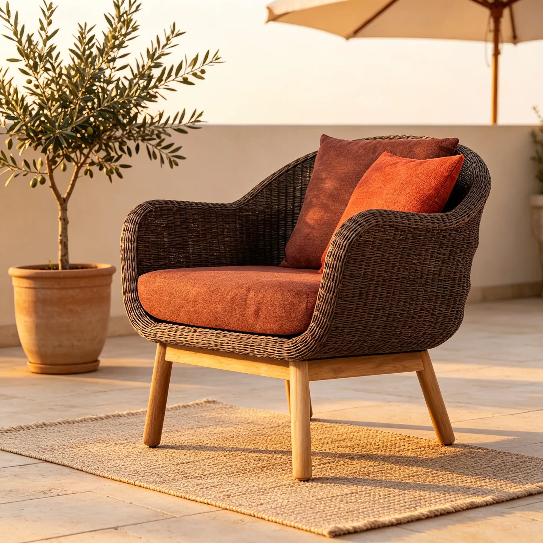 SOLARA Nordic Outdoor Lounge Chair Hand-Woven Rattan Teak Frame Waterproof Cushions for Patio Balcony Garden - Terracotta