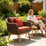 SOLARA Nordic Outdoor Lounge Chair Hand-Woven Rattan Teak Frame Waterproof Cushions for Patio Balcony Garden - Terracotta