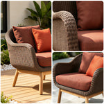 SOLARA Nordic Outdoor Lounge Chair Hand-Woven Rattan Teak Frame Waterproof Cushions for Patio Balcony Garden - Terracotta