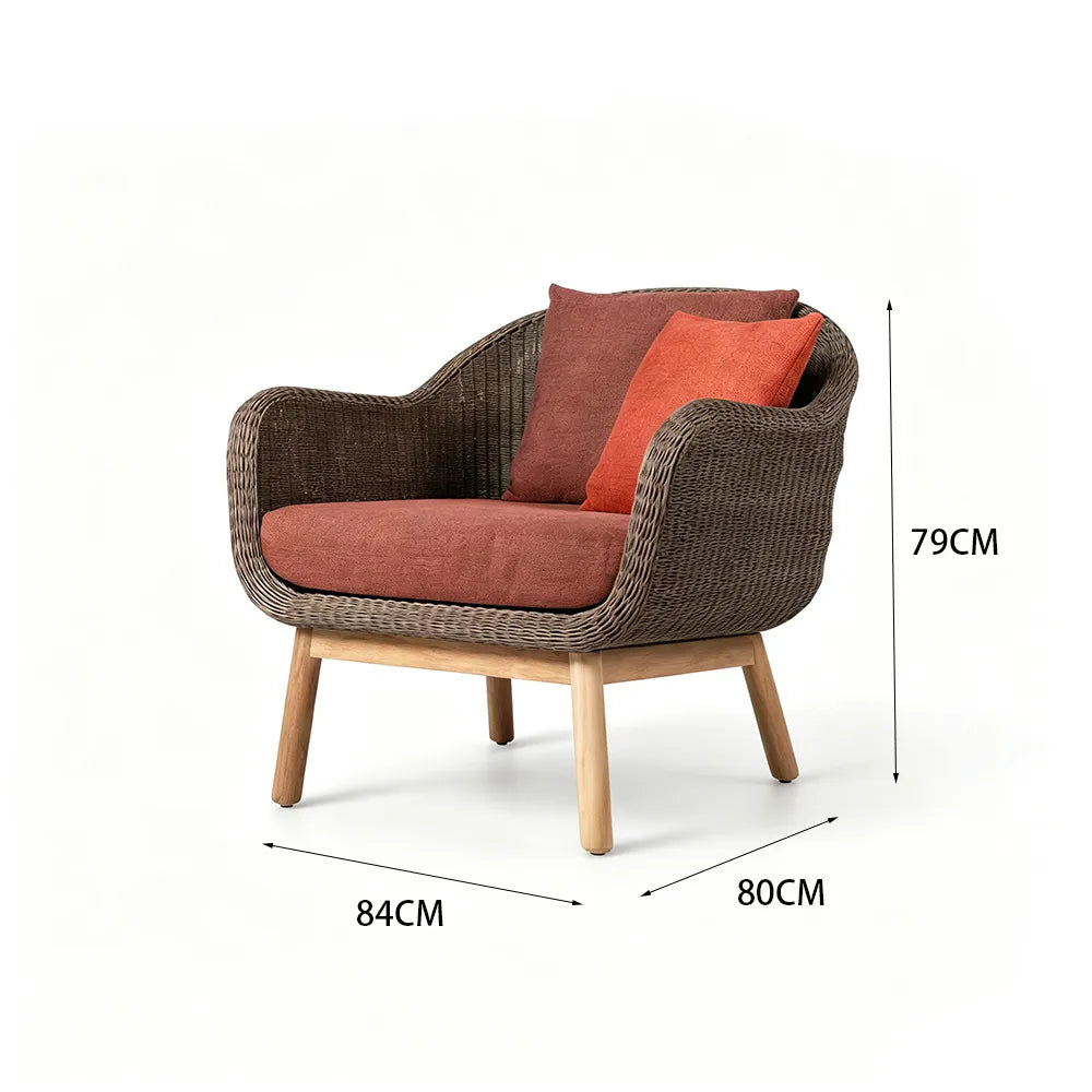 SOLARA Nordic Outdoor Lounge Chair Hand-Woven Rattan Teak Frame Waterproof Cushions for Patio Balcony Garden - Terracotta