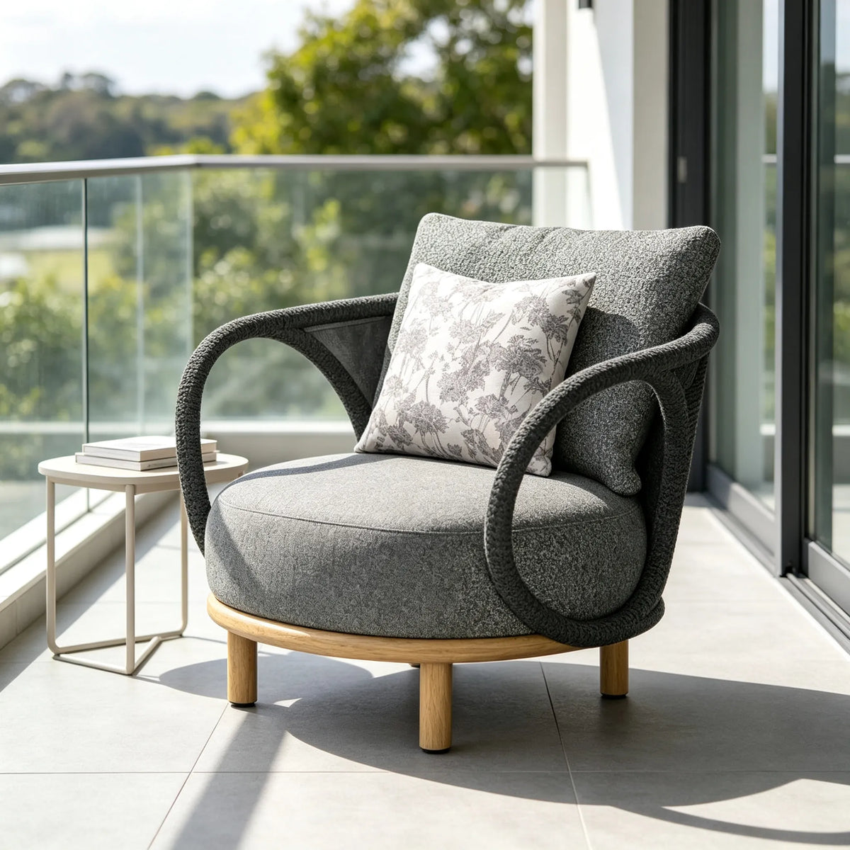 SOLARA Modern Outdoor Lounge Chair Olefin Rope Aluminium Frame Solid Teak Legs for Patio Balcony Garden - Dark Grey