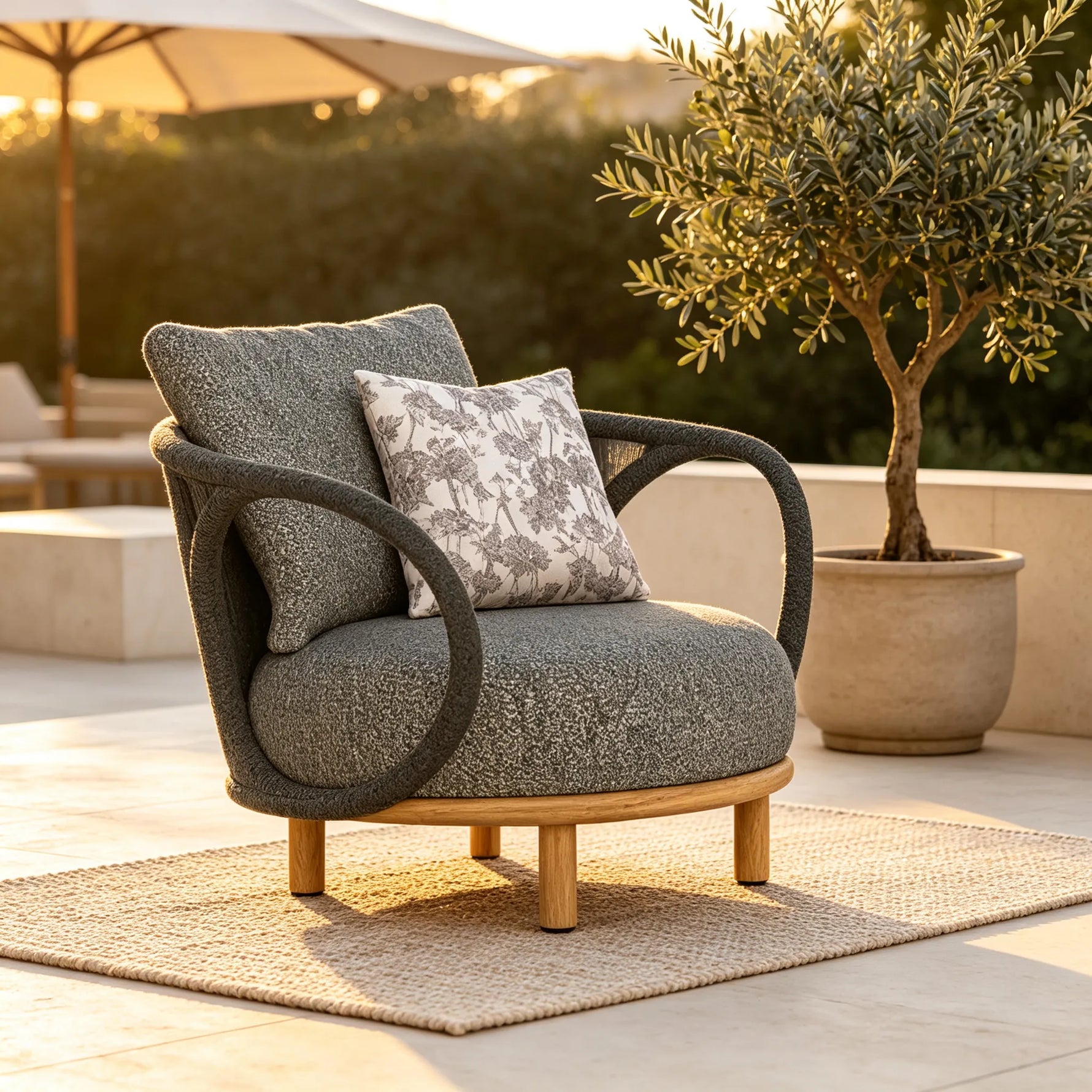 SOLARA Modern Outdoor Lounge Chair Olefin Rope Aluminium Frame Solid Teak Legs for Patio Balcony Garden - Dark Grey