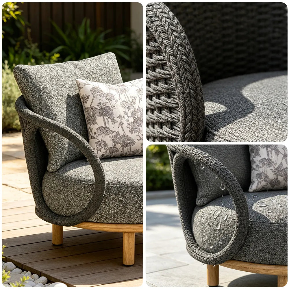 SOLARA Modern Outdoor Lounge Chair Olefin Rope Aluminium Frame Solid Teak Legs for Patio Balcony Garden - Dark Grey