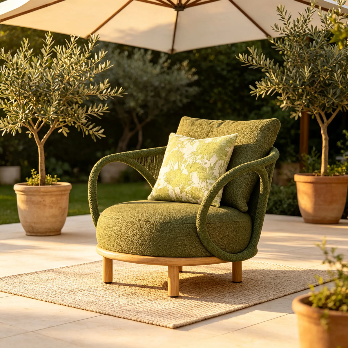 SOLARA Modern Outdoor Lounge Chair Olefin Rope Aluminium Frame Solid Teak Legs for Patio Balcony Garden - Green