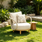 SOLARA Modern Outdoor Lounge Chair Olefin Rope Aluminium Frame Solid Teak Legs for Patio Balcony Garden - White
