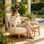 SOLARA Modern Outdoor Lounge Chair Olefin Rope Aluminium Frame Solid Teak Legs for Patio Balcony Garden - White