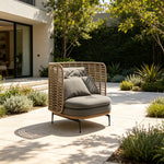 SOLARA Modern Outdoor Lounge Chair Olefin Rope 2mm Aluminium Frame Teak Detail Waterproof Cushions for Patio Garden - Grey