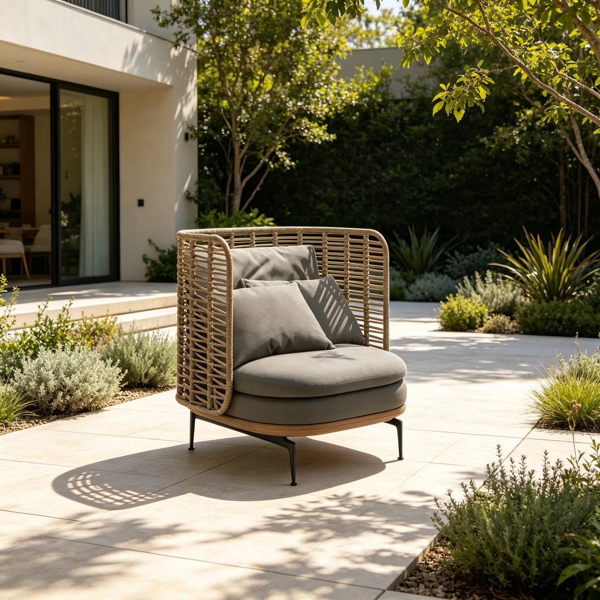 SOLARA Modern Outdoor Lounge Chair Olefin Rope 2mm Aluminium Frame Teak Detail Waterproof Cushions for Patio Garden - Grey