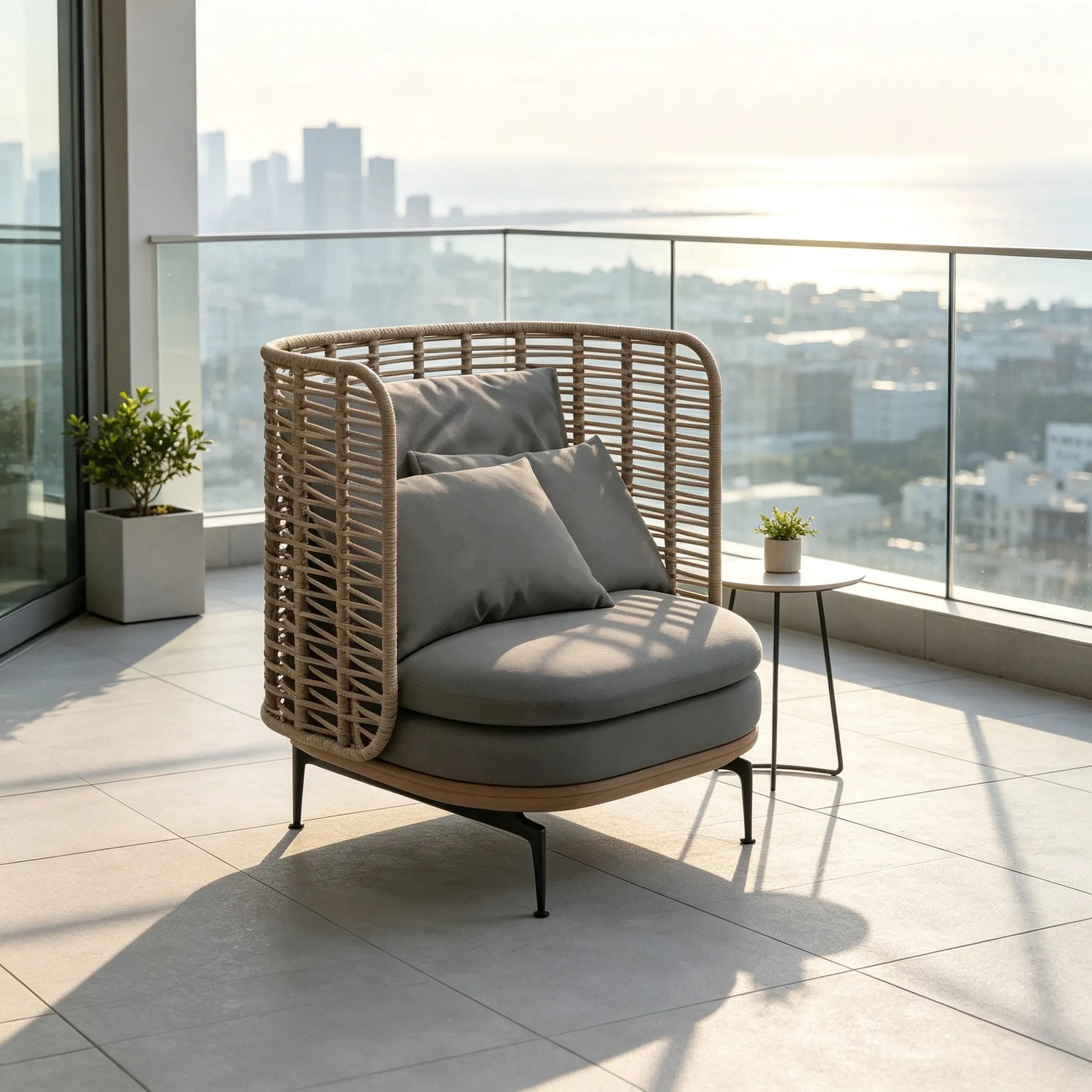 SOLARA Modern Outdoor Lounge Chair Olefin Rope 2mm Aluminium Frame Teak Detail Waterproof Cushions for Patio Garden - Grey