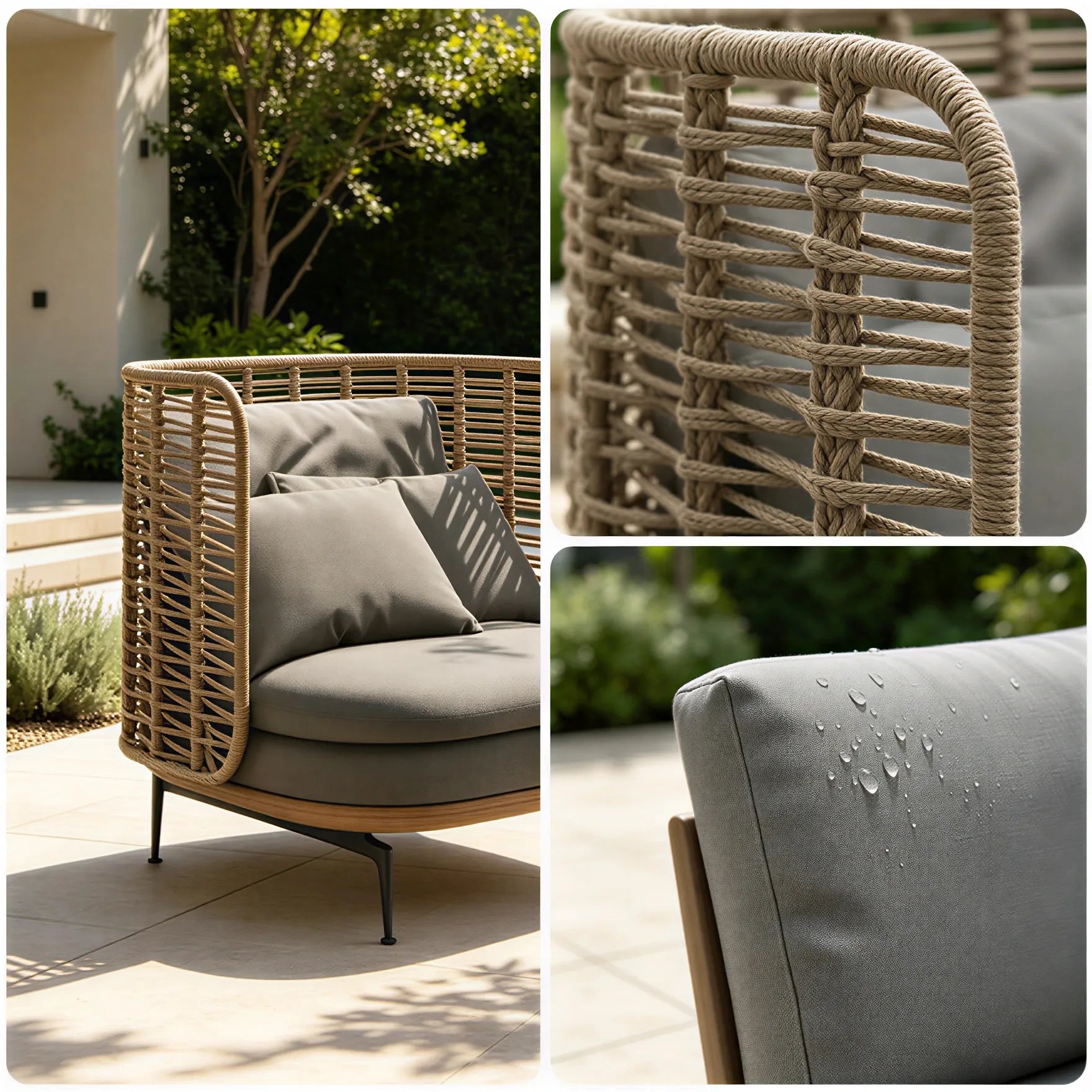 SOLARA Modern Outdoor Lounge Chair Olefin Rope 2mm Aluminium Frame Teak Detail Waterproof Cushions for Patio Garden - Grey