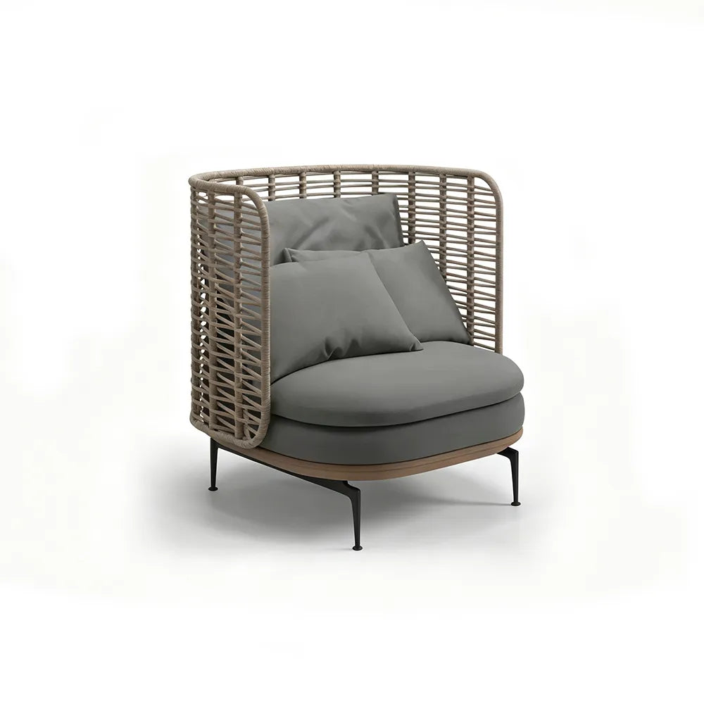 SOLARA Modern Outdoor Lounge Chair Olefin Rope 2mm Aluminium Frame Teak Detail Waterproof Cushions for Patio Garden - Grey
