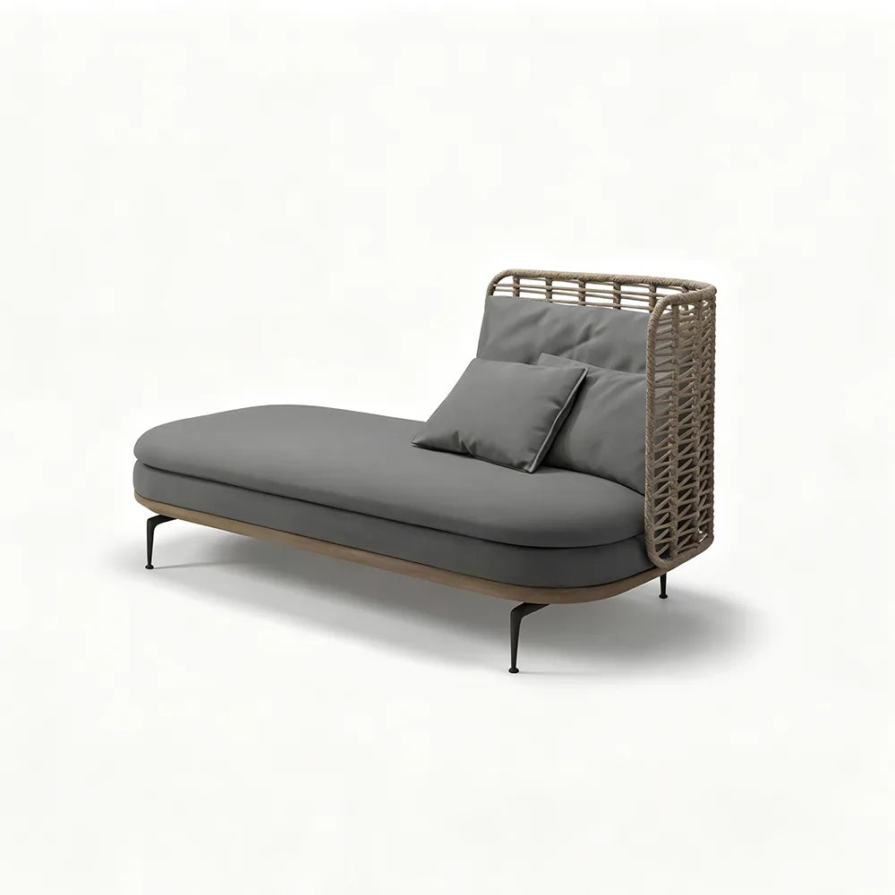 SOLARA Modern Outdoor Right Chaise Lounge Sofa - Olefin Rope - 2mm Aluminium Frame - Teak Detail - Waterproof Cushions - Grey