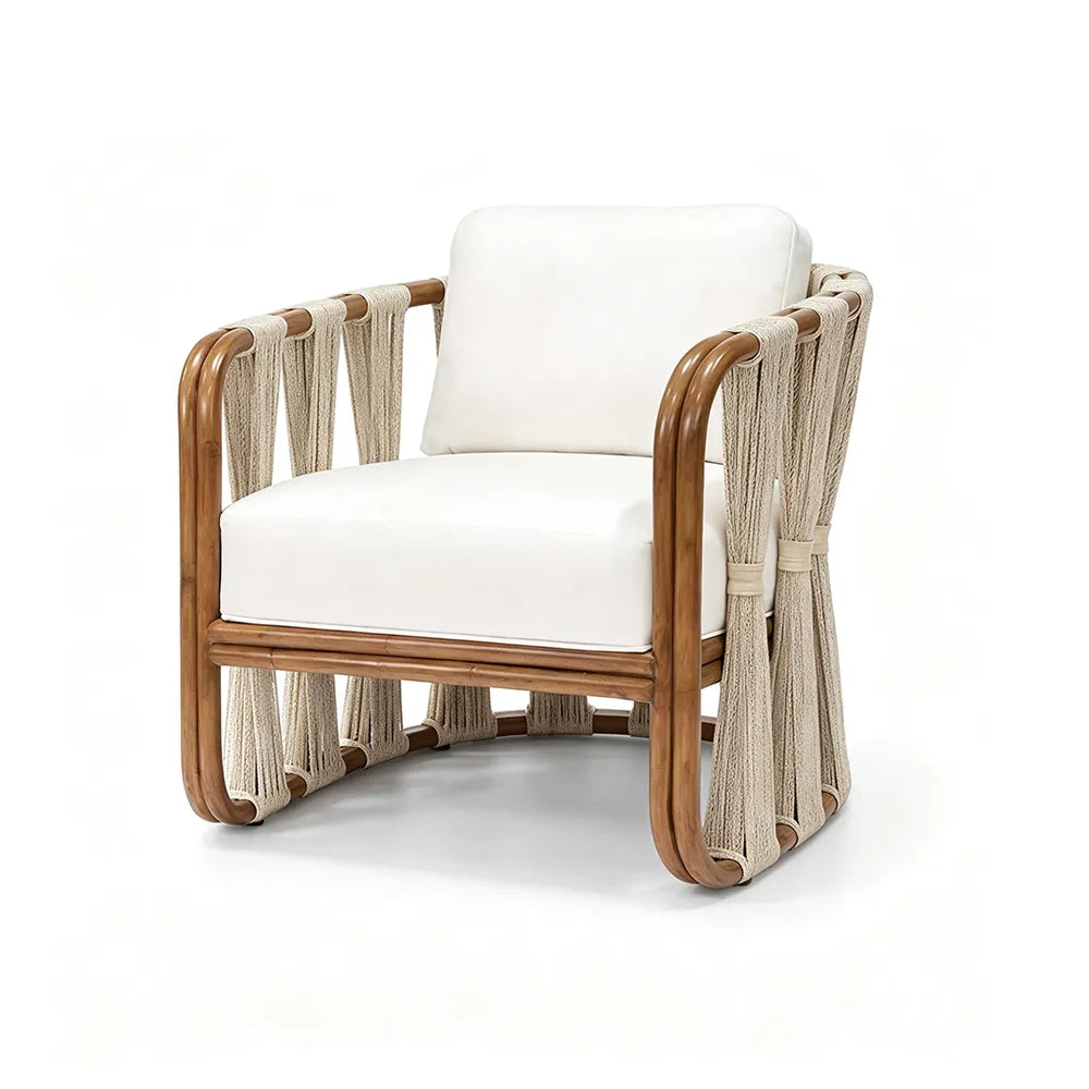 SOLARA Modern Outdoor Lounge Chair - Hand-Woven Rattan Rope - Aluminium Frame - Waterproof Cushions for Patio Balcony - Light Beige