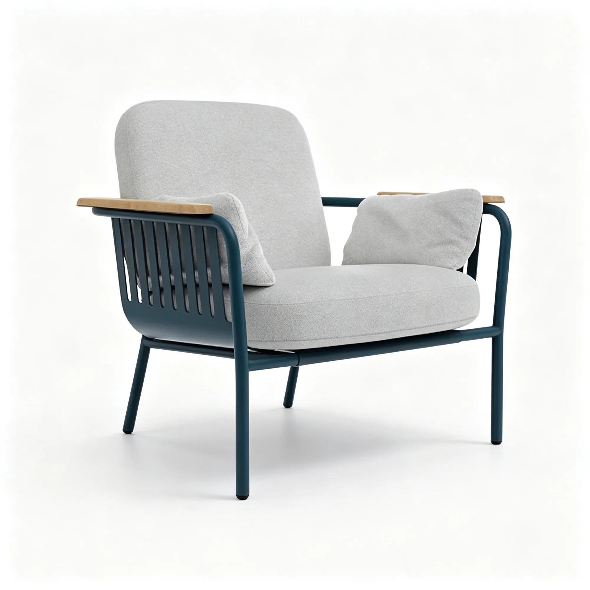 SOLARA Modern Outdoor Lounge Chair - Aluminium Alloy Frame - Teak Armrests - Cushioned Patio Garden Armchair - Grey