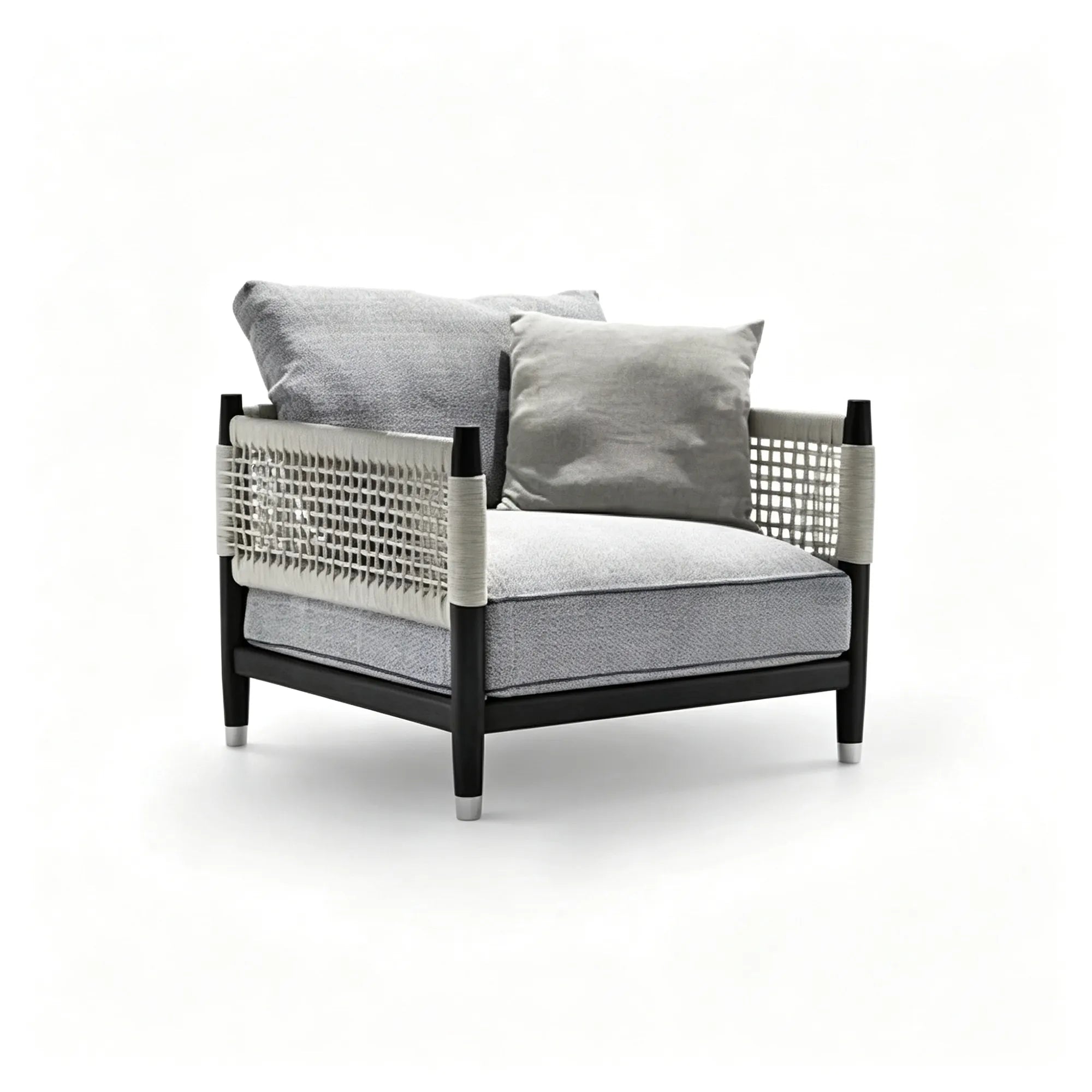 SOLARA Modern Outdoor Lounge Chair - Teak Frame - Handwoven Rope - Cushioned Patio Garden Armchair - Grey