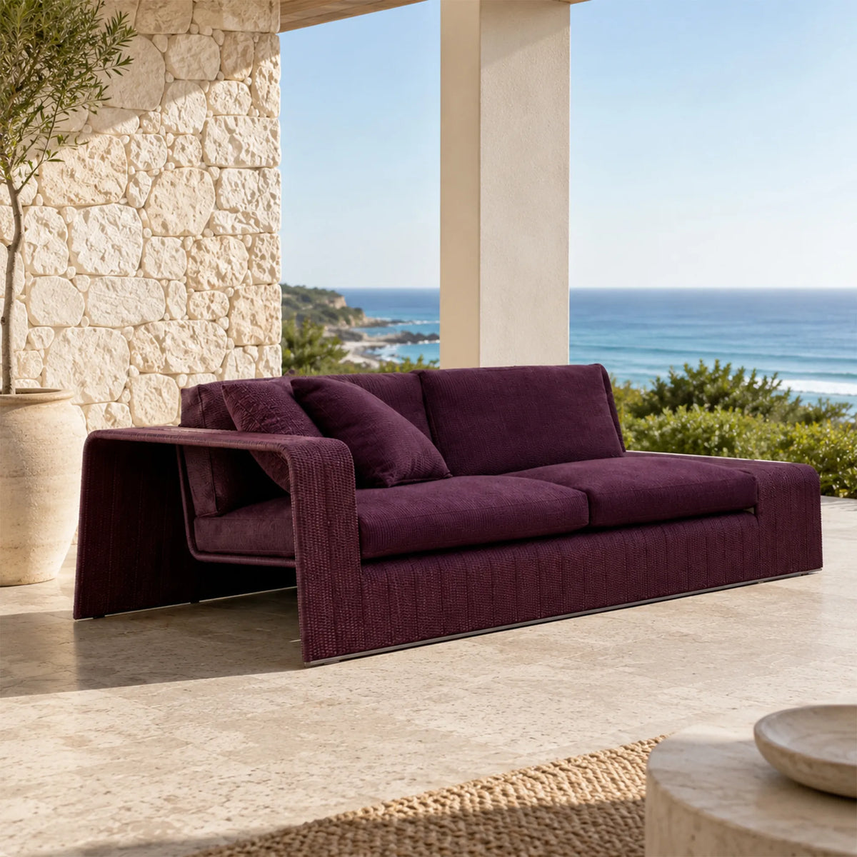 SOLARA Modern Outdoor 2-Seater Sofa with Side Table - Woven Rope - Aluminium Alloy Frame - Patio Garden Lounge - Burgundy
