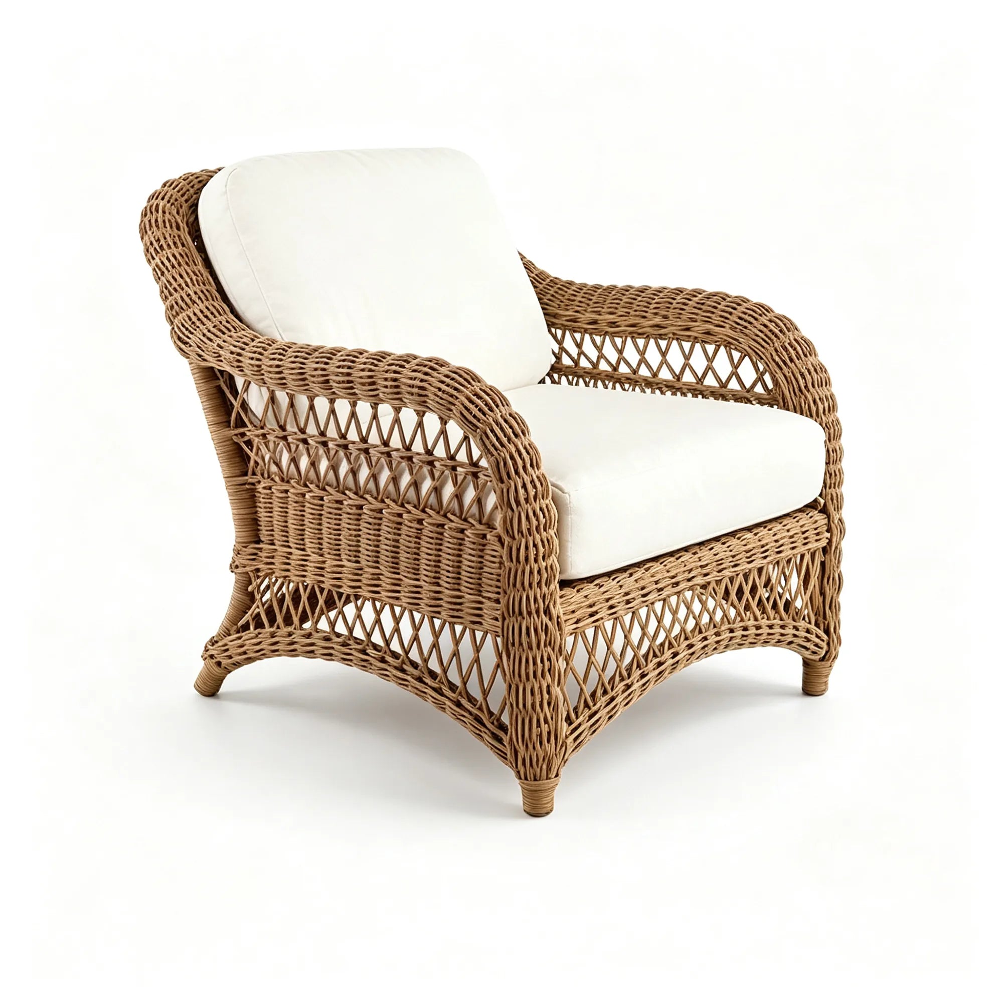 SOLARA Classic Outdoor Lounge Chair - Handwoven Rattan - Curved Armrests - Cushioned Patio Garden Armchair - Brown