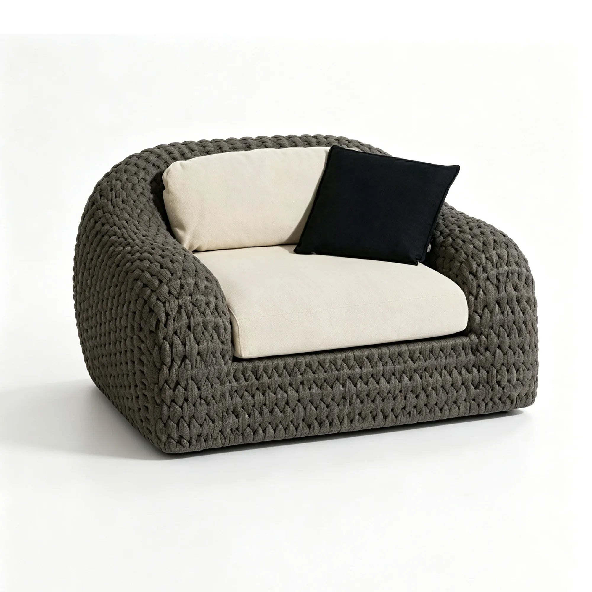 SOLARA Modern Outdoor Lounge Chair - Chunky Woven Rope - Aluminium Alloy Frame - Deep Cushioned Patio Garden Armchair - Black