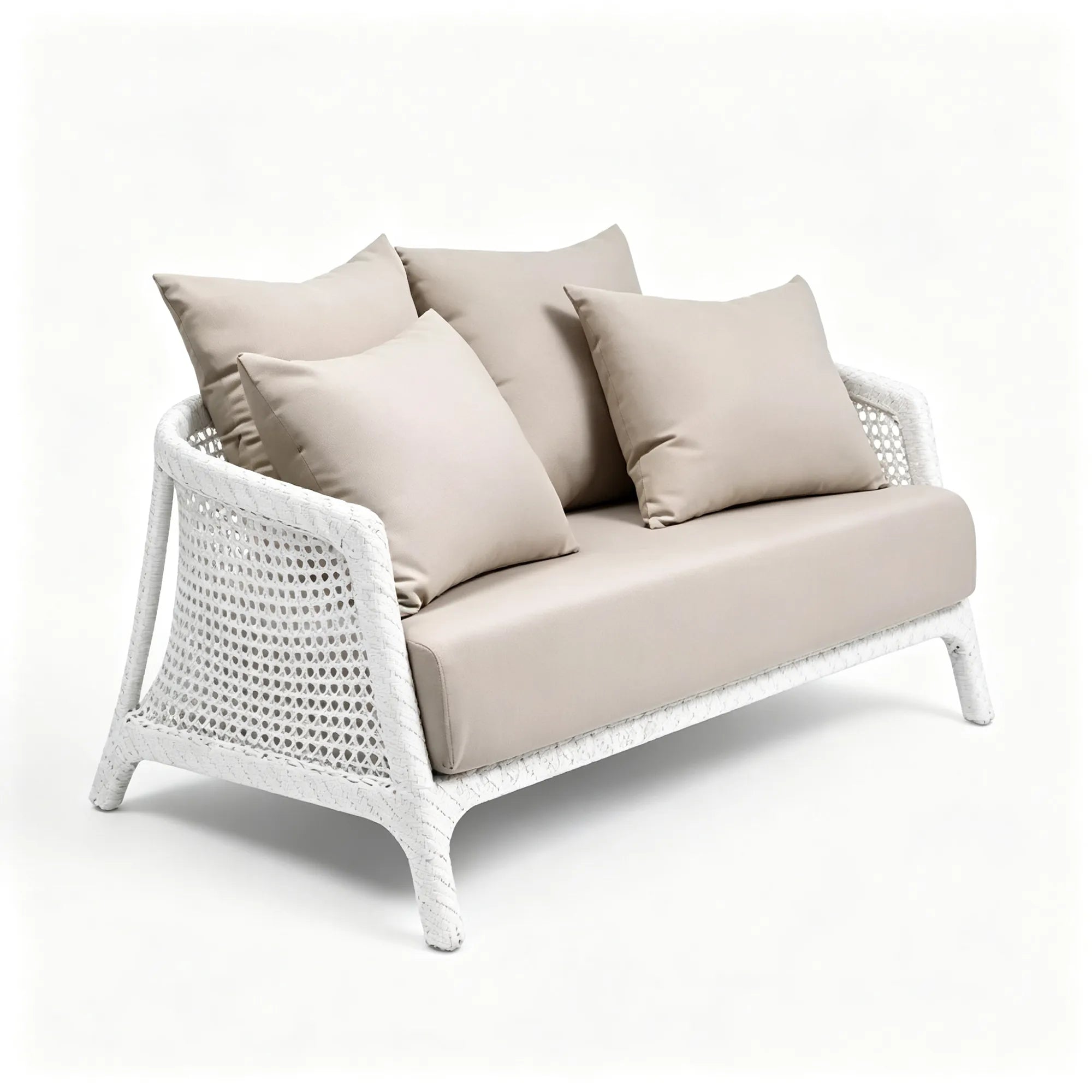 SOLARA Modern Outdoor 2-Seater Sofa - Handwoven Rattan - Galvanised Steel Frame - Cushioned Patio Garden Loveseat - White Beige