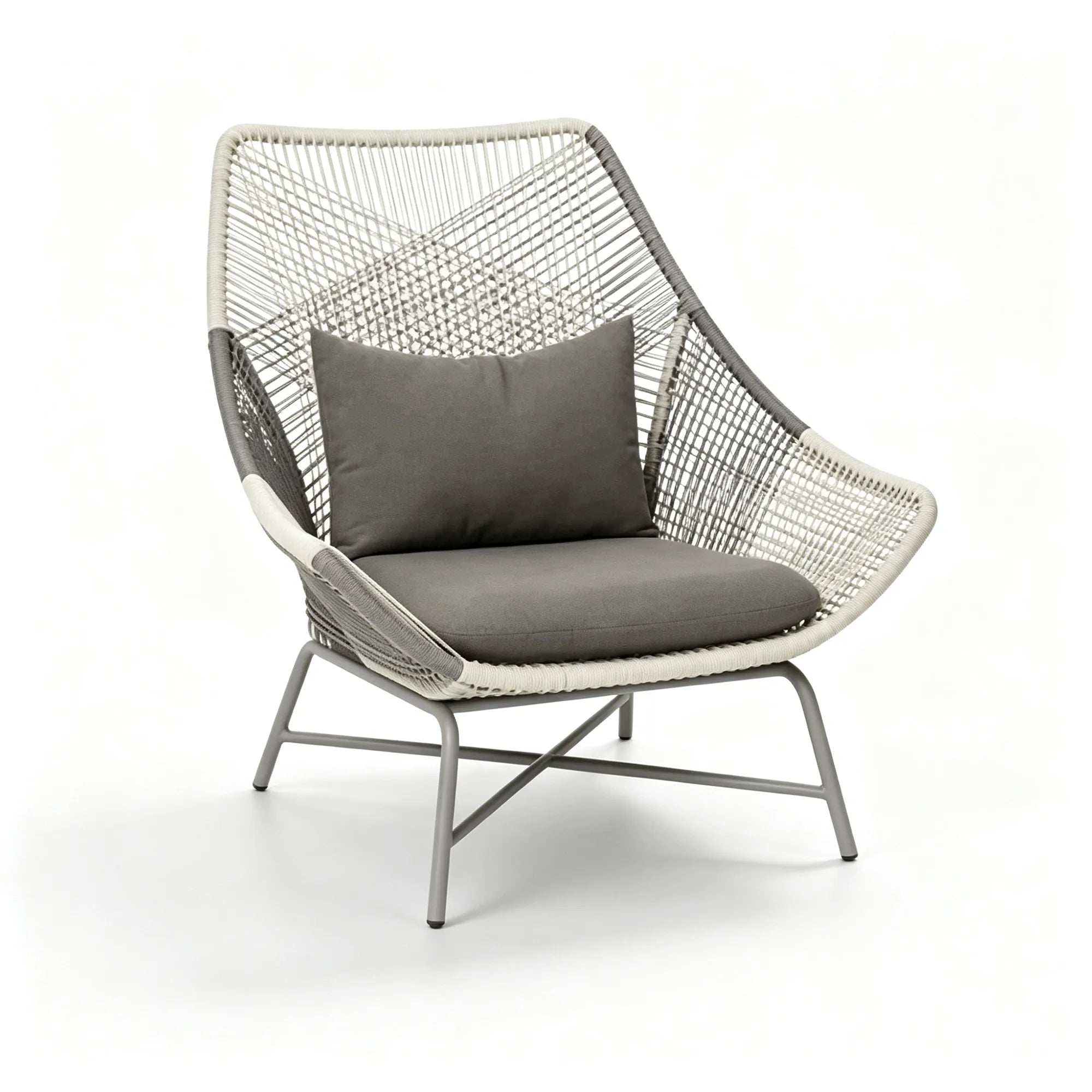 SOLARA Modern Outdoor Lounge Chair - Woven Rope - Galvanised Steel Frame - High Back Patio Garden Armchair - Grey