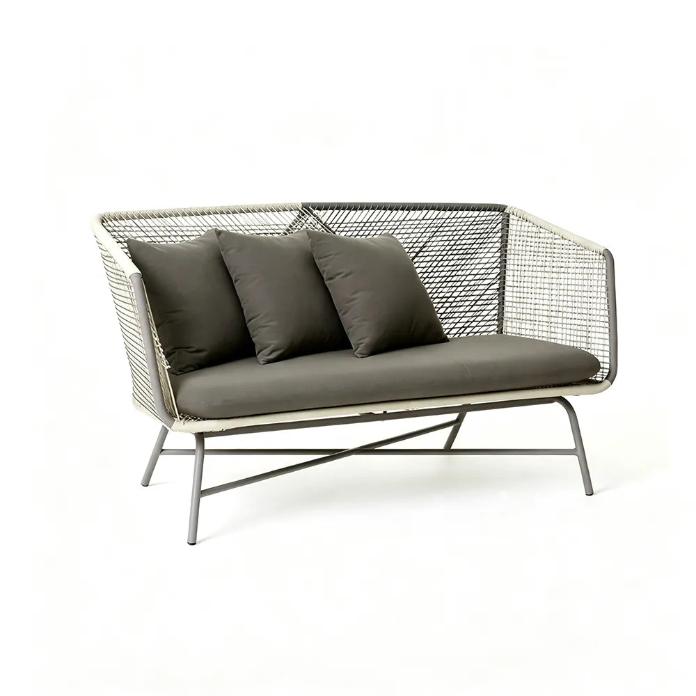 SOLARA Modern Outdoor 3-Seater Sofa - Woven Rope - Galvanised Steel Frame - Cushioned Patio Garden Lounge - Grey