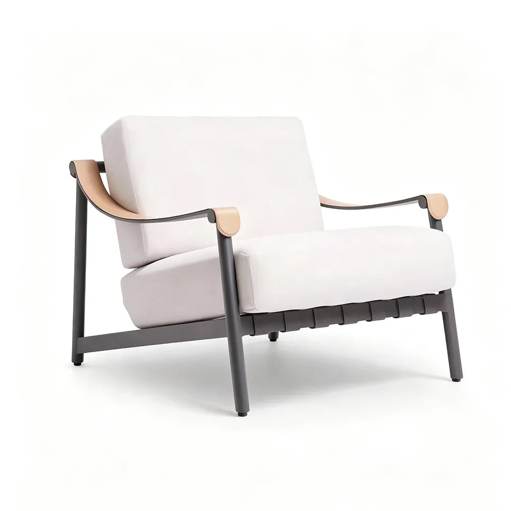 SOLARA Modern Outdoor Lounge Chair - Aluminium Alloy Frame - Wooden Armrests - Cushioned Patio Garden Armchair - White