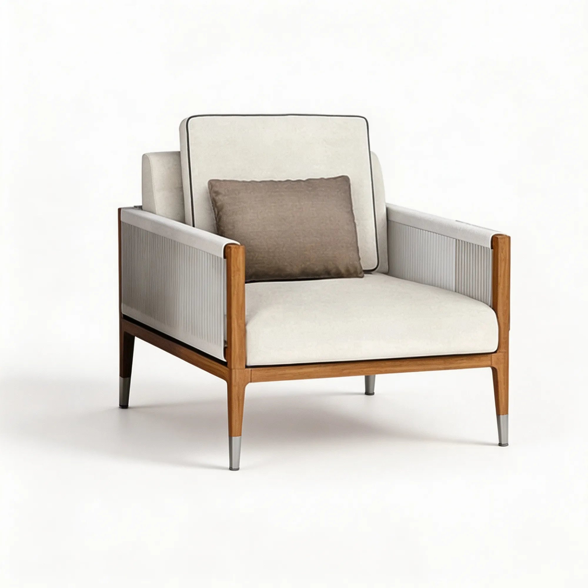 SOLARA Modern Outdoor Lounge Chair - Teak Frame - Woven Side Panels - Cushioned Patio Garden Armchair - White