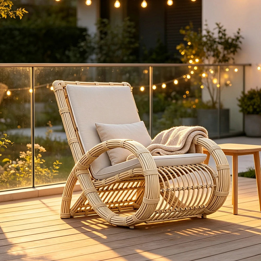 SOLARA Nordic Outdoor Rattan Chair Handwoven PE Rattan Waterproof Cushion for Balcony Patio Garden and Lounge Space