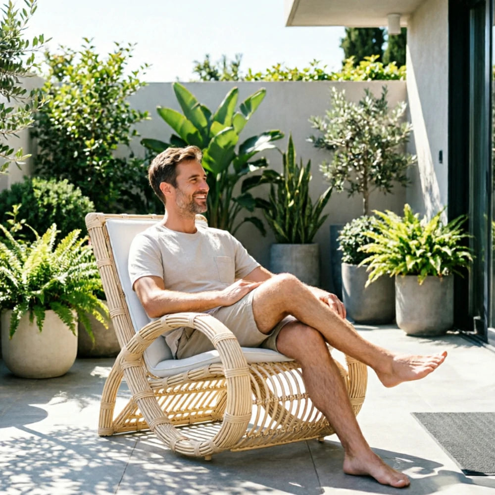 SOLARA Nordic Outdoor Rattan Chair Handwoven PE Rattan Waterproof Cushion for Balcony Patio Garden and Lounge Space