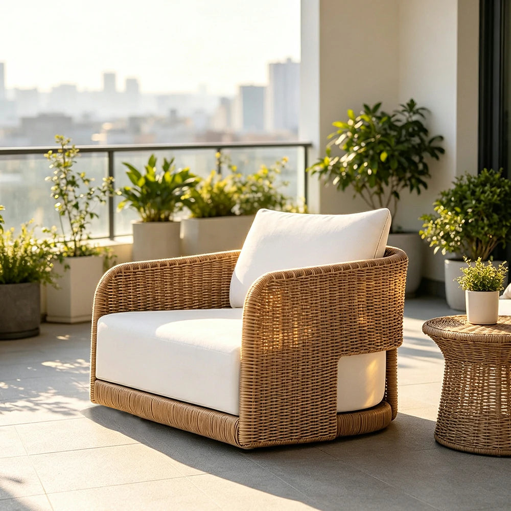 SOLARA Outdoor Rattan Lounge Sofa PE Rattan Waterproof Fabric All Weather Design for Courtyard Patio and Garden