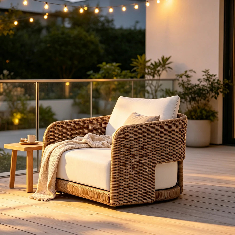 SOLARA Outdoor Rattan Lounge Sofa PE Rattan Waterproof Fabric All Weather Design for Courtyard Patio and Garden