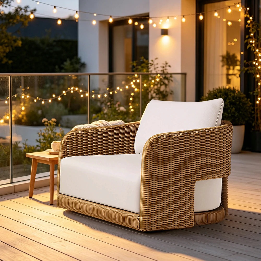 SOLARA Outdoor Rattan Lounge Sofa PE Rattan Waterproof Fabric All Weather Design for Courtyard Patio and Garden