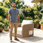 SOLARA Outdoor Rattan Lounge Sofa PE Rattan Waterproof Fabric All Weather Design for Courtyard Patio and Garden
