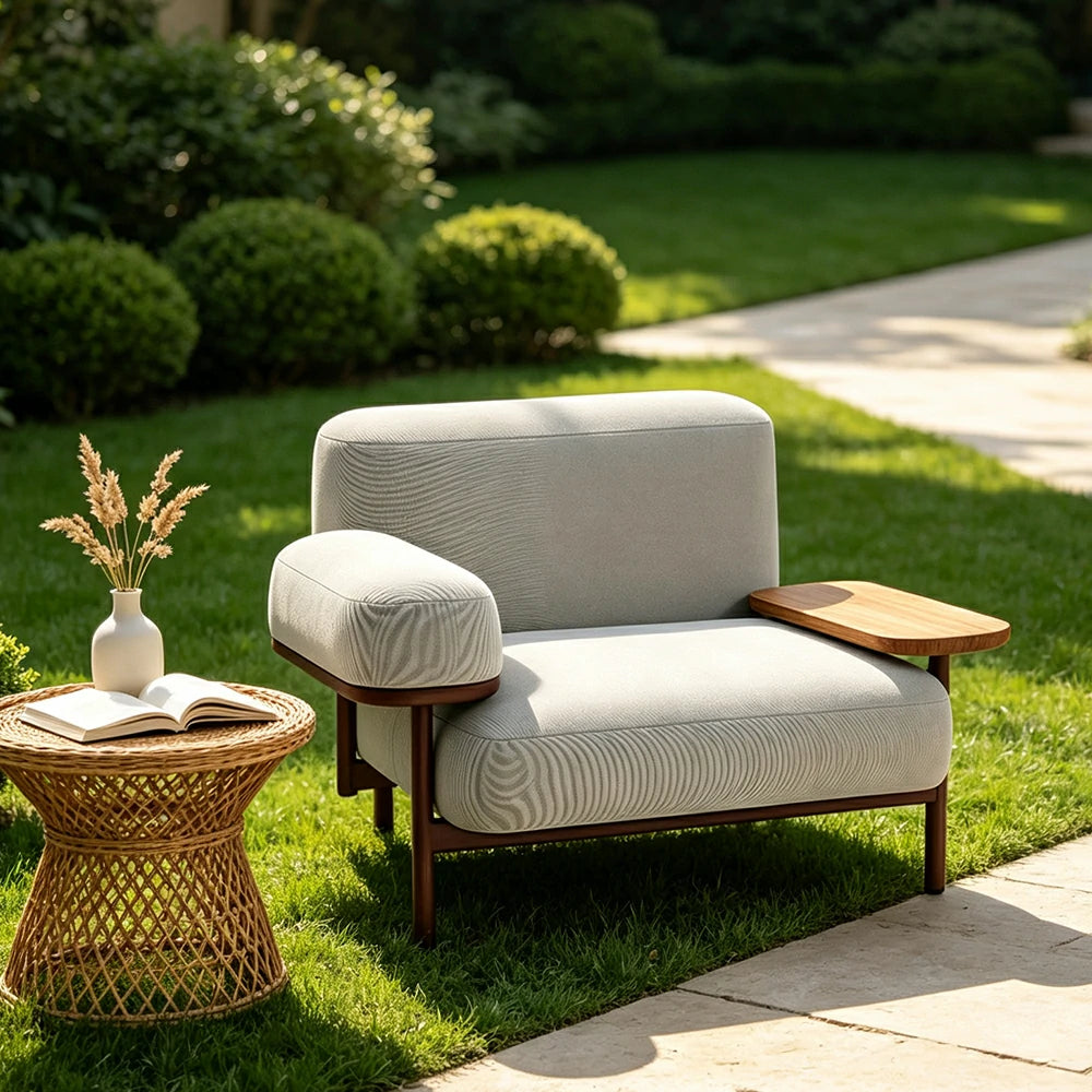 SOLARA Modern Single Seater Sofa Wooden Armrests Metal Base Soft Cushions for Living Room Balcony and Lounge