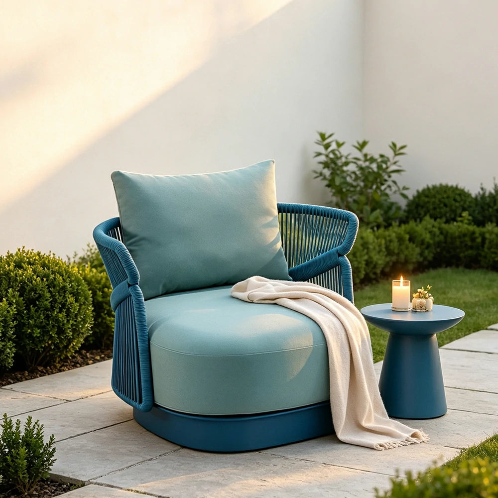 SOLARA Premium Outdoor Lounge Sofa Teak Wood Armrests Rope Weaving Waterproof Cushions for Patio Garden and Villa