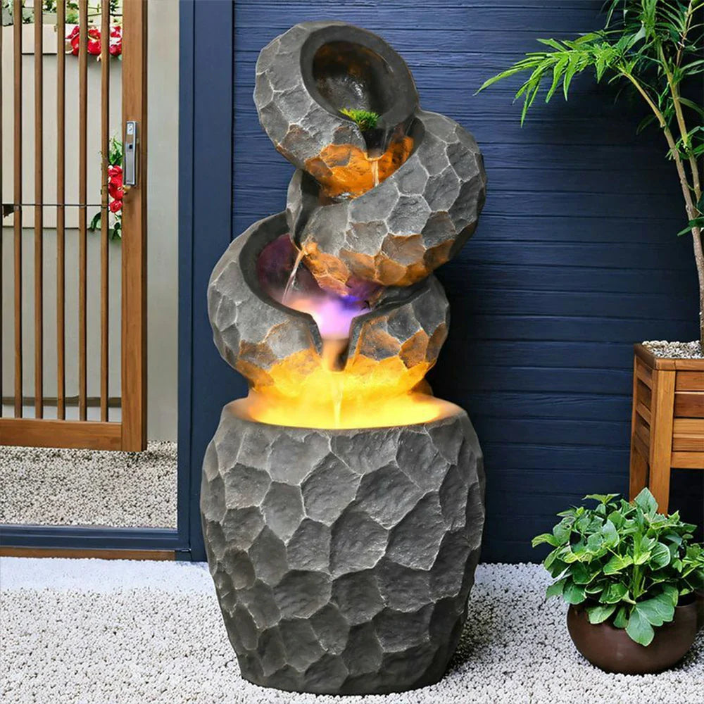 SOLARA Resin Water Fountain - Cascading Waterfall, UV-Resistant, Waterproof, Elegant Lighting, Perfect for Outdoor Decor