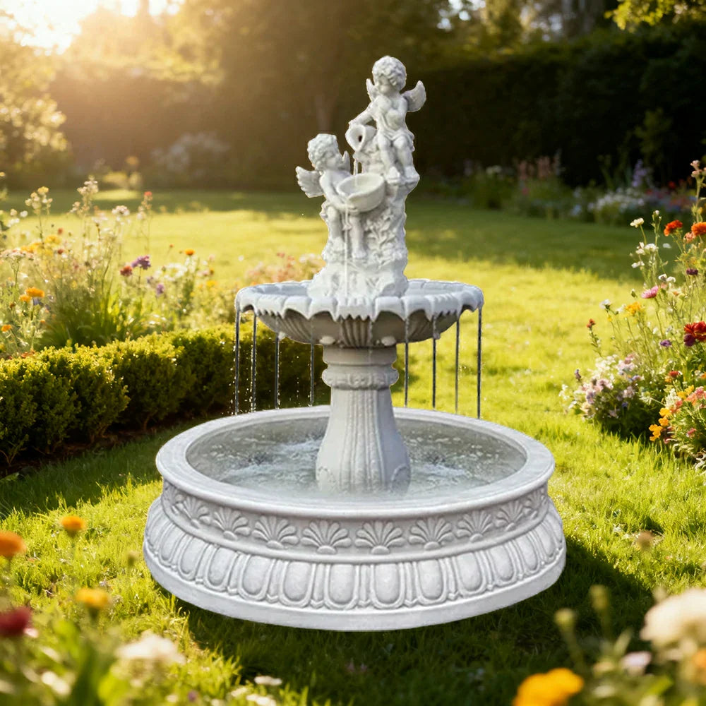 SOLARA Natural Sandstone Outdoor Fountain with 1.2m Fish Pond Built-In Circulation Pump Hand-Polished Texture Garden Water Feature