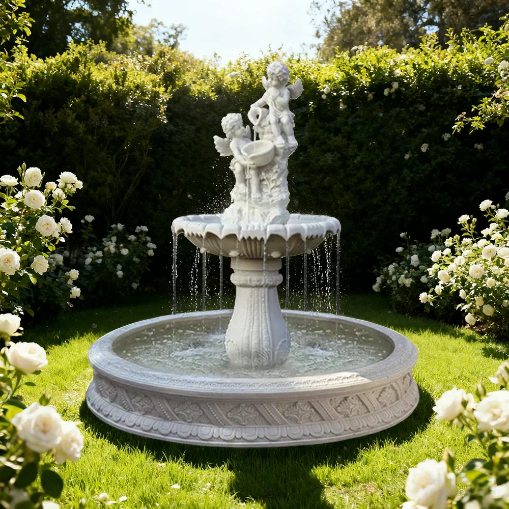 SOLARA Natural Sandstone Outdoor Fountain with 1.5m Fish Pond Built-In Circulation Pump Hand-Polished Texture Garden Water Feature