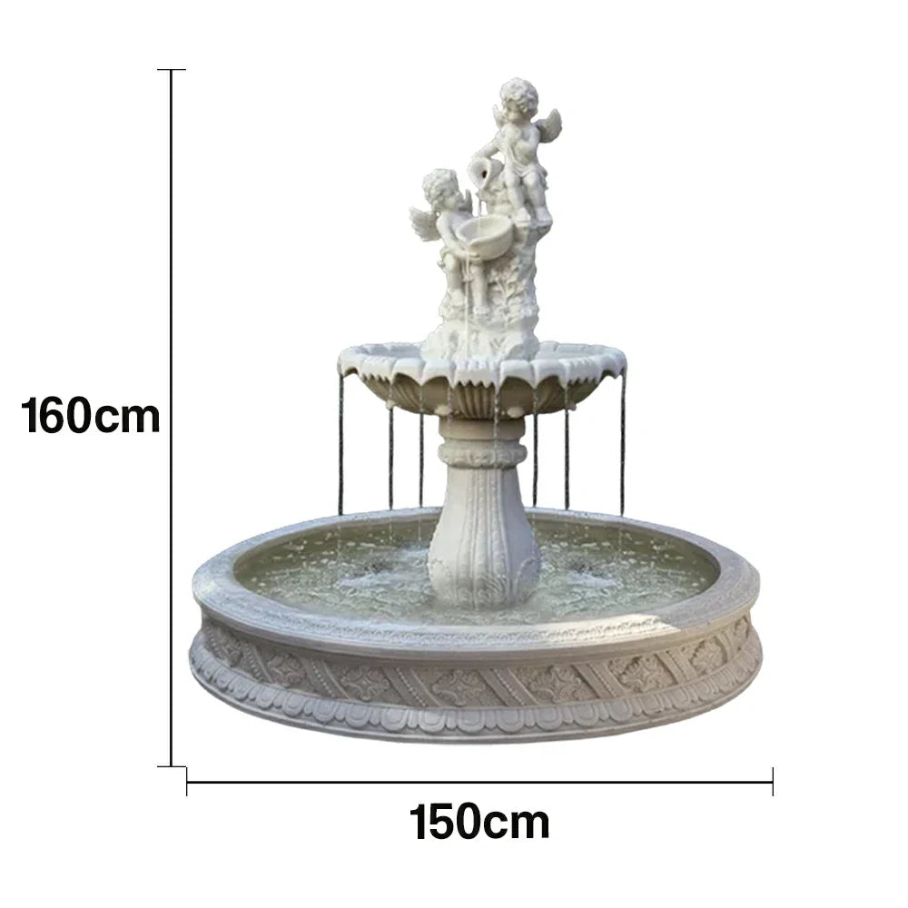 SOLARA Natural Sandstone Outdoor Fountain with 1.5m Fish Pond Built-In Circulation Pump Hand-Polished Texture Garden Water Feature