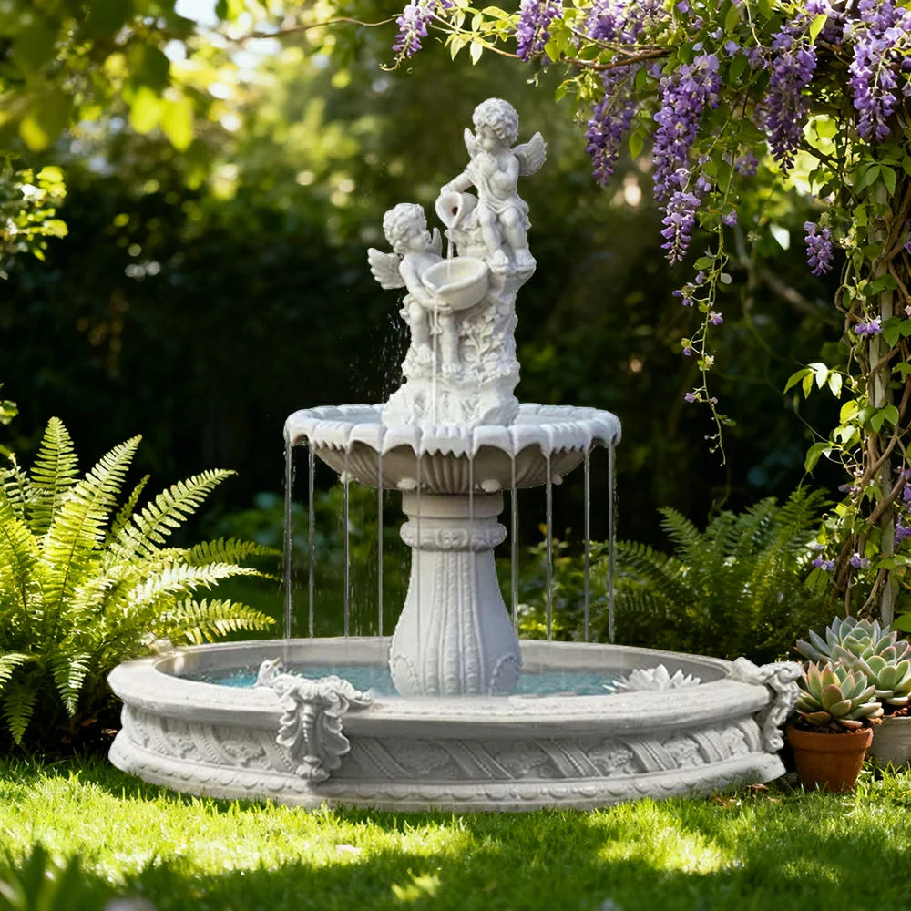 SOLARA Natural Sandstone Outdoor Fountain with 1.6m Fish Pond Built-In Circulation Pump Hand-Polished Texture Garden Water Feature